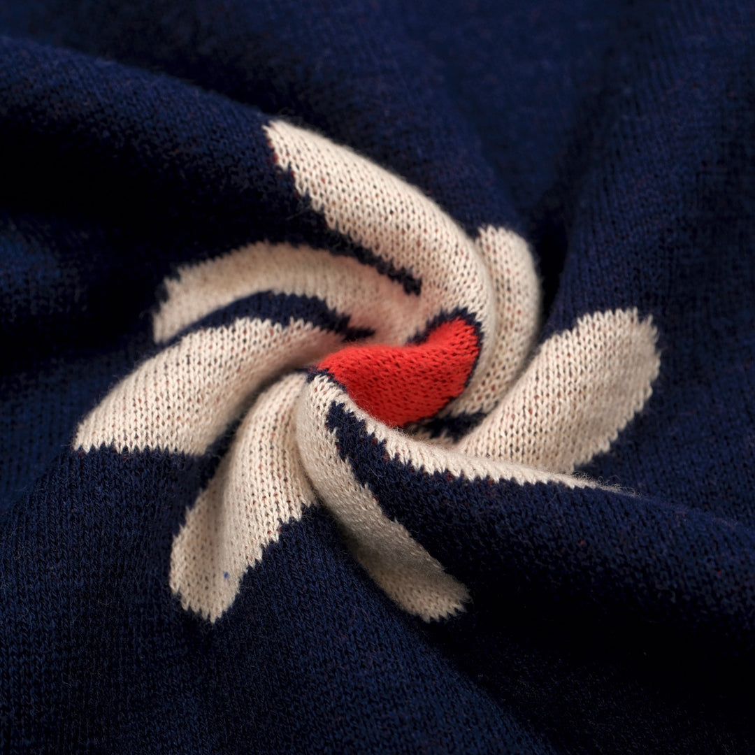 Men’s Retro 1970s Flower Knit Polo Shirt – Vintage Navy with Daisy Pattern