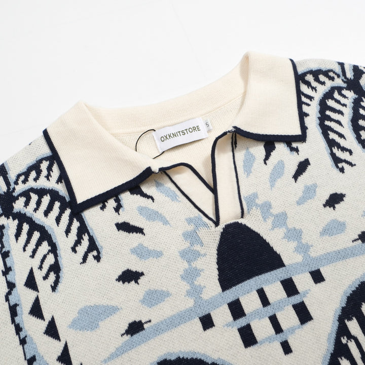 Herren-Strick-Safari-Poloshirt im 70er-Jahre-Stil – Elefant & Jacquard-Hemd mit Palmenmuster