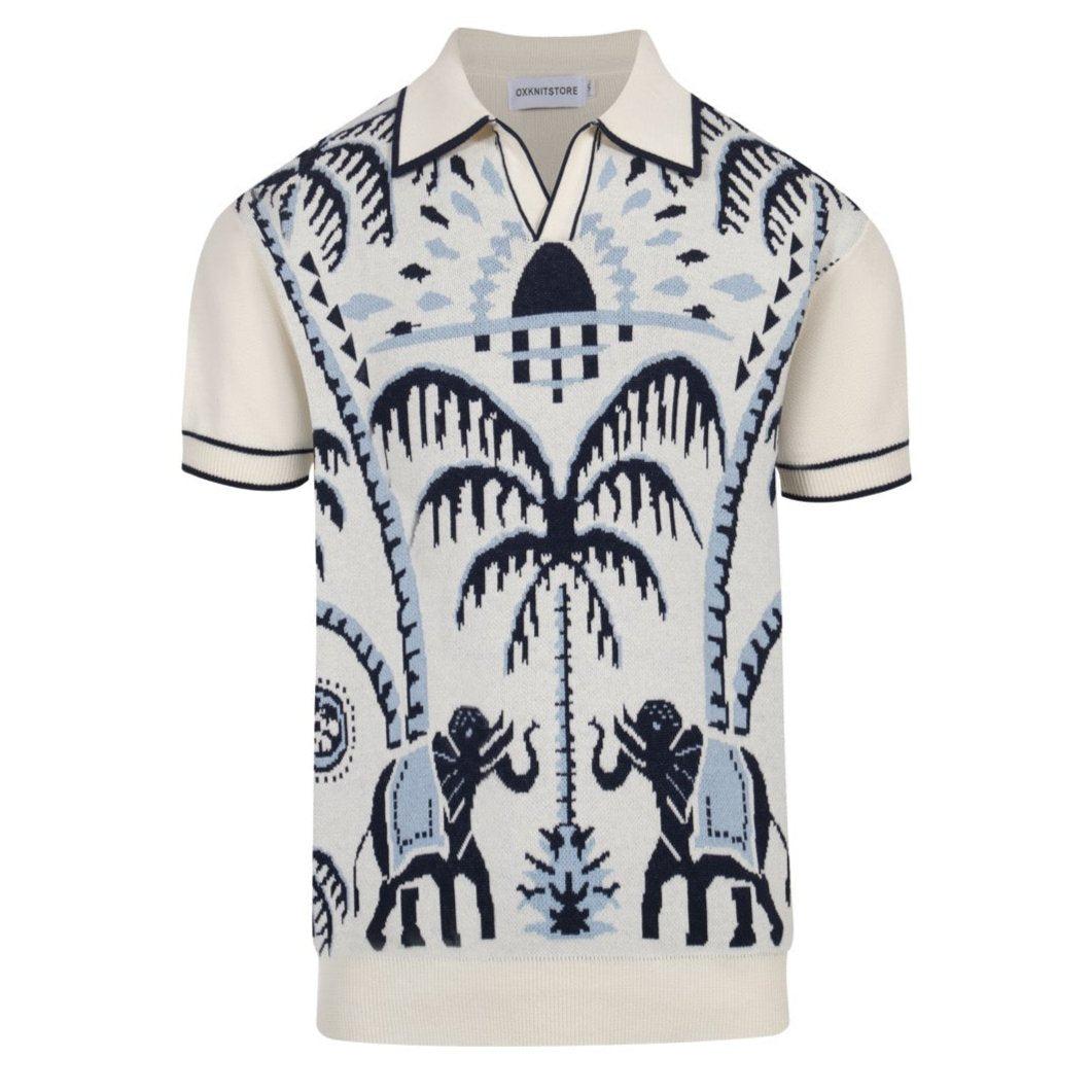 Men's 70s Knit Safari Polo – Elephant & Palm Tree Jacquard Shirt
