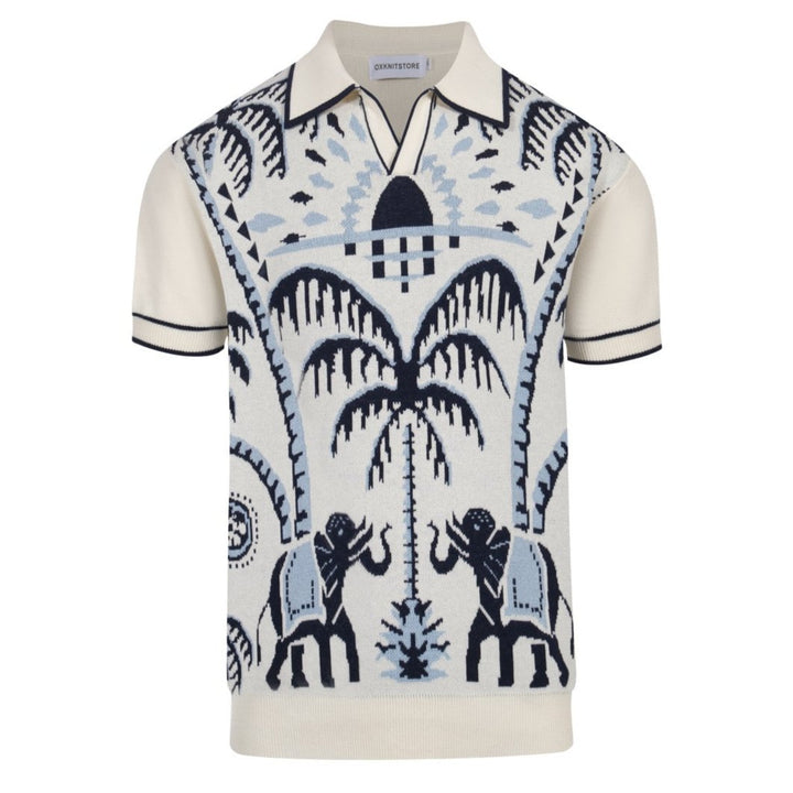 Herren-Strick-Safari-Poloshirt im 70er-Jahre-Stil – Elefant & Jacquard-Hemd mit Palmenmuster
