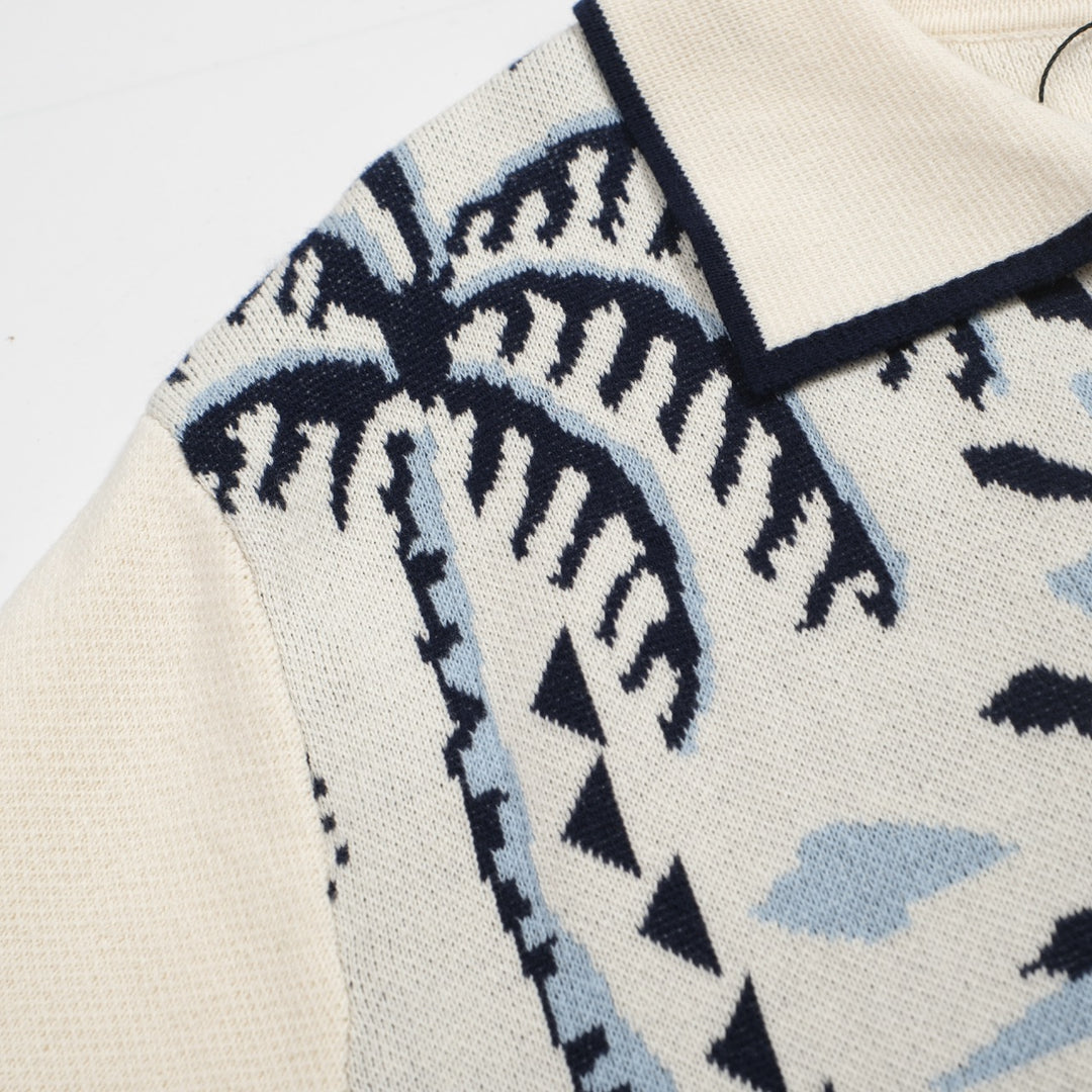 Men's 70s Knit Safari Polo – Elephant & Palm Tree Jacquard Shirt