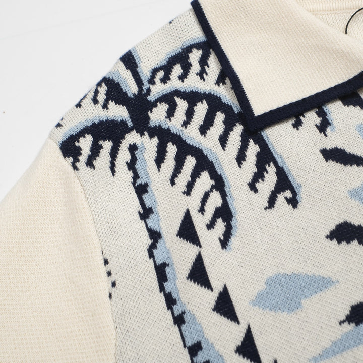 Herren-Strick-Safari-Poloshirt im 70er-Jahre-Stil – Elefant & Jacquard-Hemd mit Palmenmuster