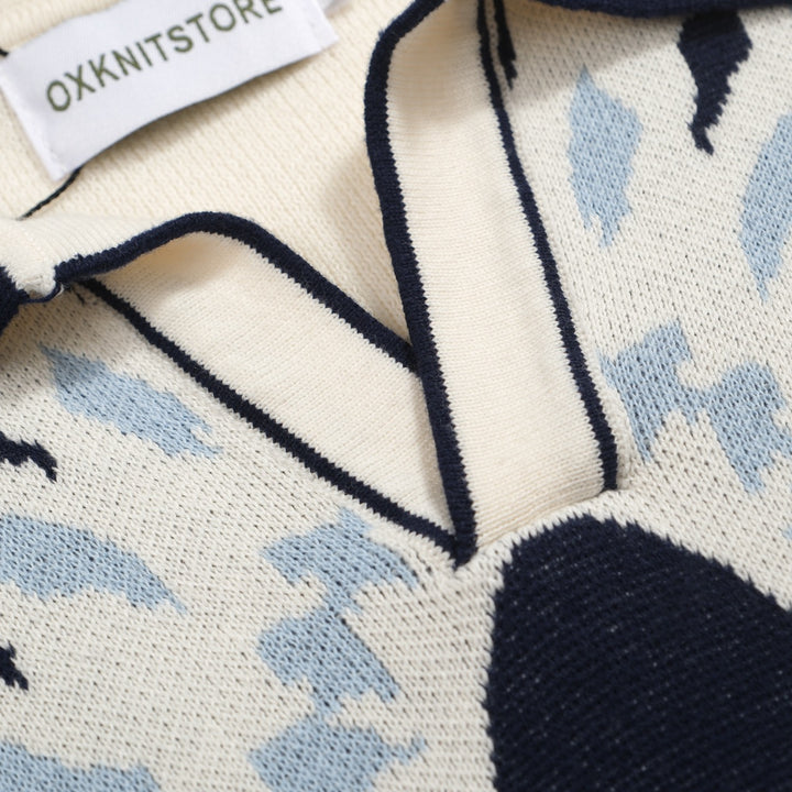 Herren-Strick-Safari-Poloshirt im 70er-Jahre-Stil – Elefant & Jacquard-Hemd mit Palmenmuster