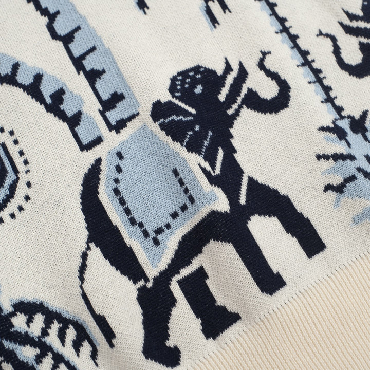 Herren-Strick-Safari-Poloshirt im 70er-Jahre-Stil – Elefant & Jacquard-Hemd mit Palmenmuster