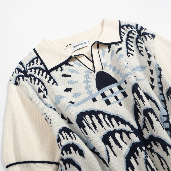 Herren-Strick-Safari-Poloshirt im 70er-Jahre-Stil – Elefant & Jacquard-Hemd mit Palmenmuster