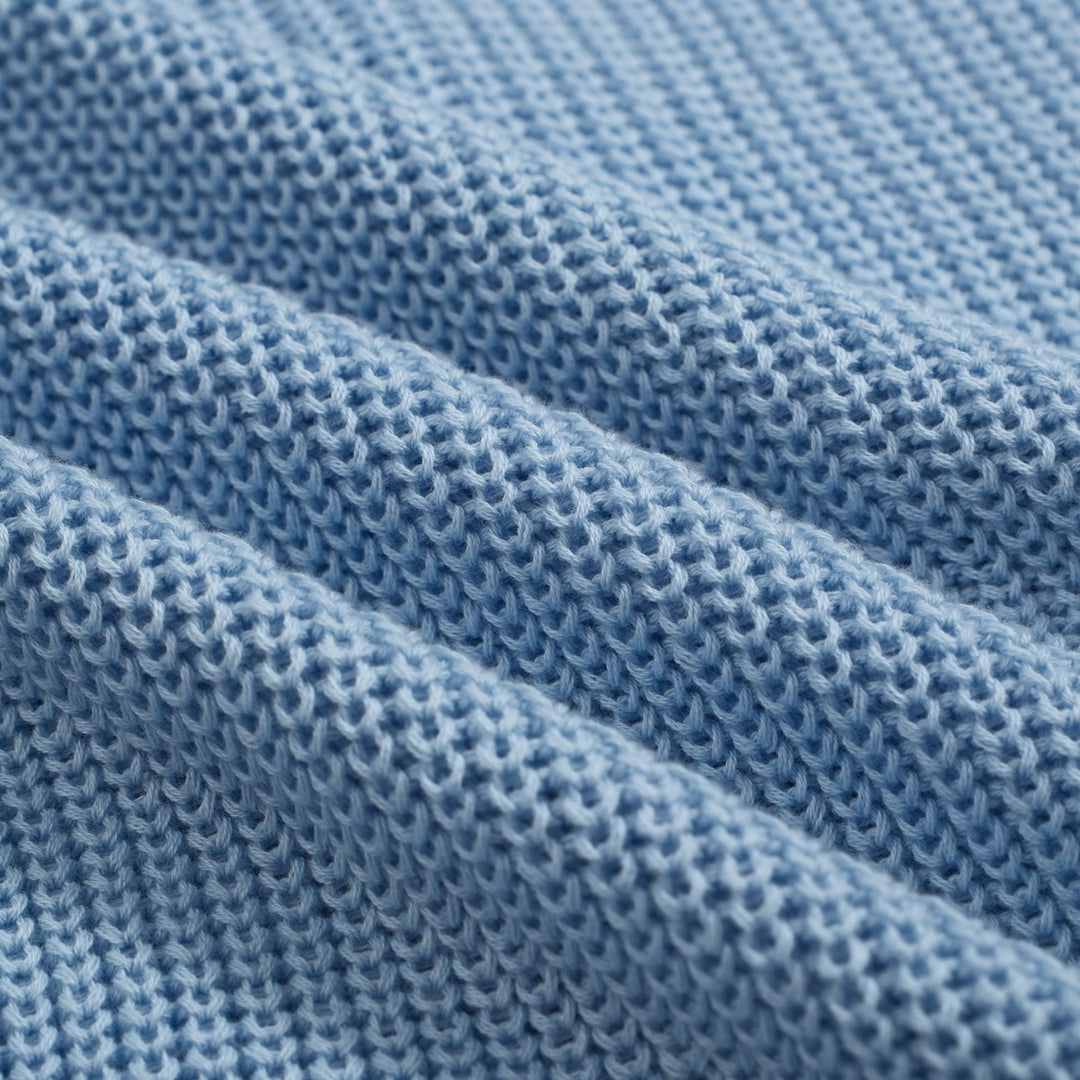 Men’s Retro Distressed Knit Shirt – Vintage Sky Blue Button-Up with Raw Edges