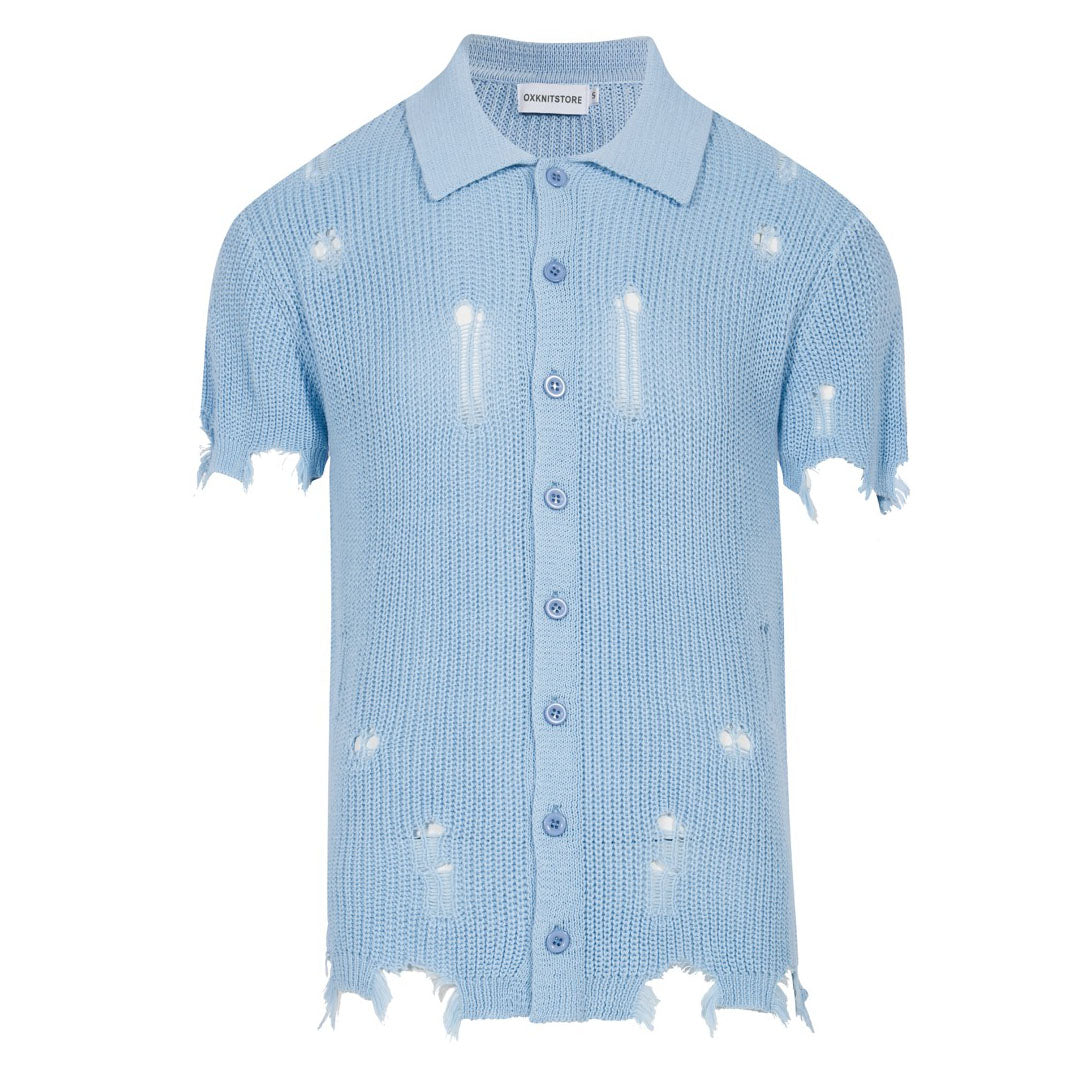 Men’s Retro Distressed Knit Shirt – Vintage Sky Blue Button-Up with Raw Edges