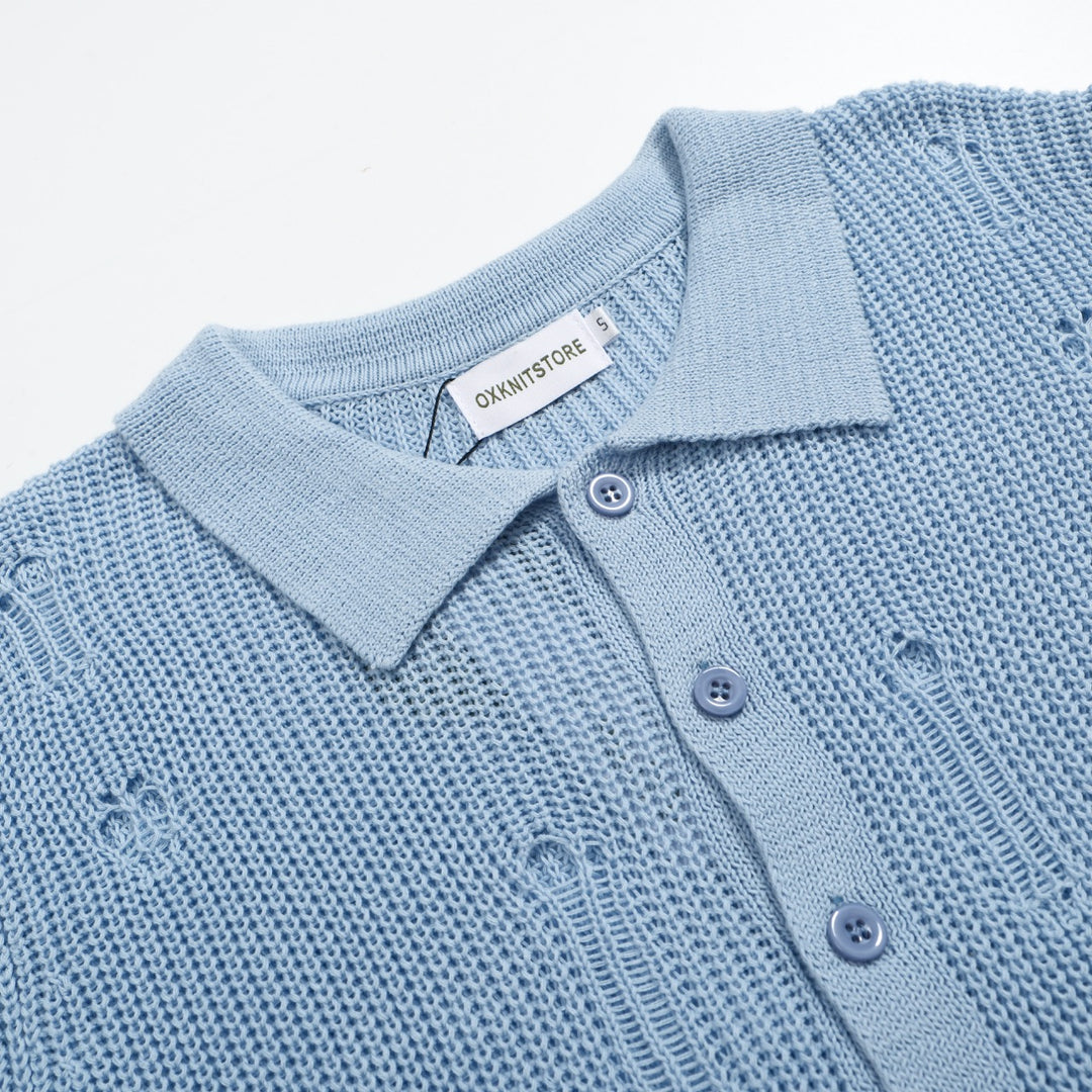 Men’s Retro Distressed Knit Shirt – Vintage Sky Blue Button-Up with Raw Edges