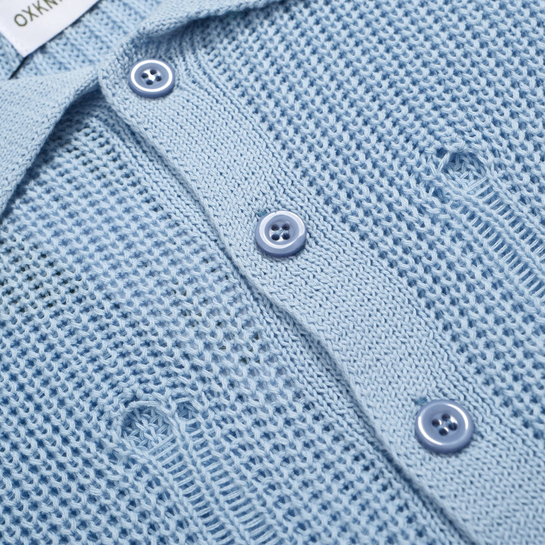 Men’s Retro Distressed Knit Shirt – Vintage Sky Blue Button-Up with Raw Edges