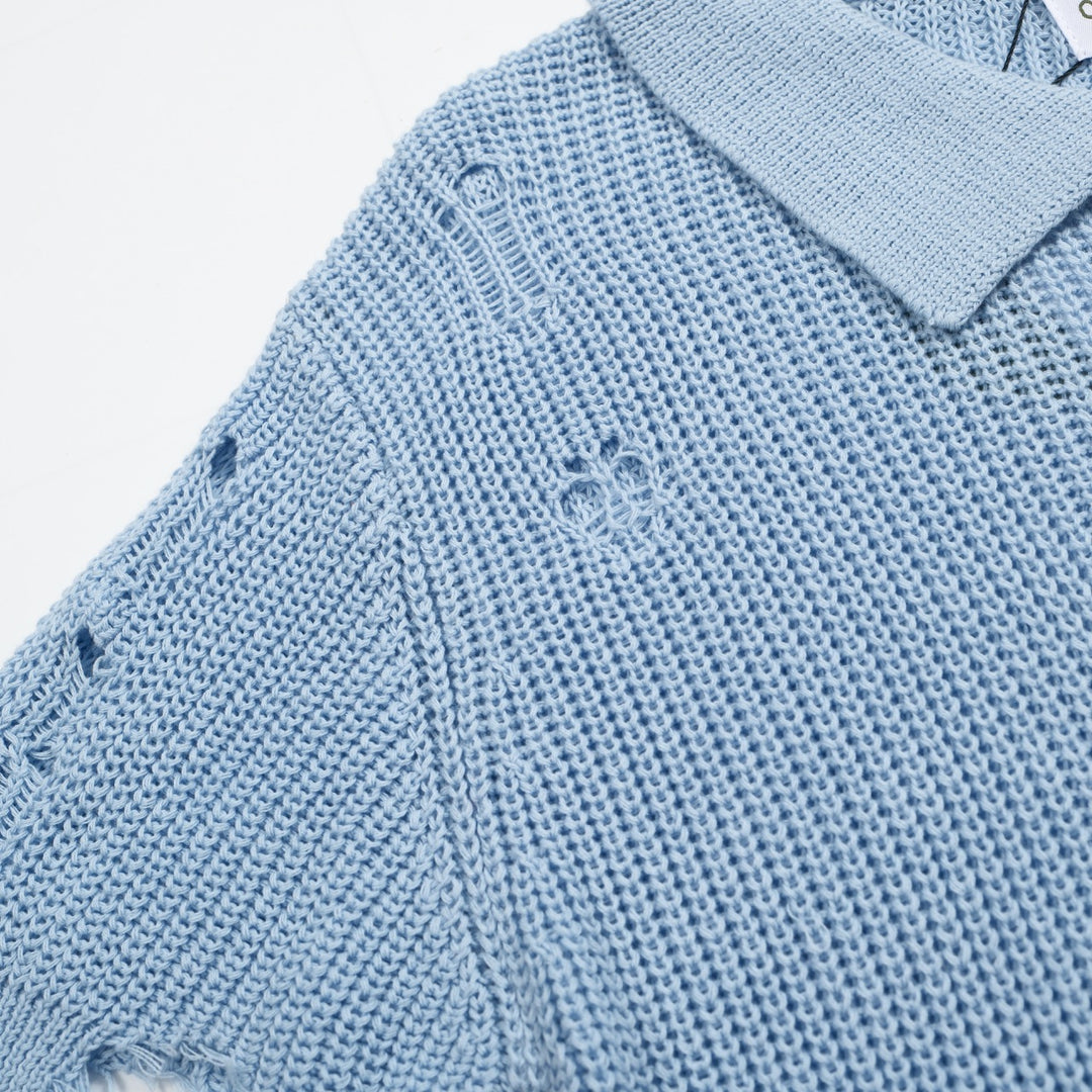 Men’s Retro Distressed Knit Shirt – Vintage Sky Blue Button-Up with Raw Edges