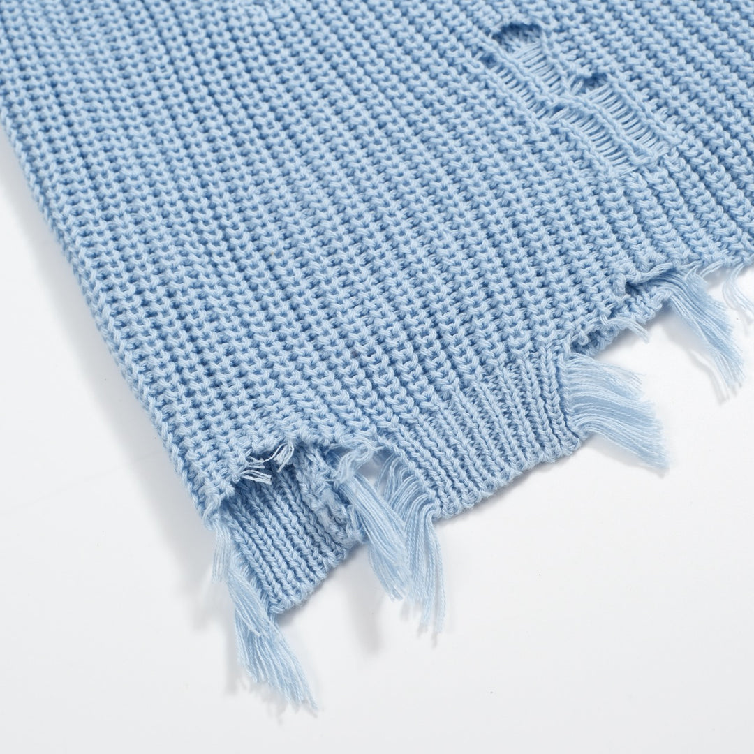 Men’s Retro Distressed Knit Shirt – Vintage Sky Blue Button-Up with Raw Edges