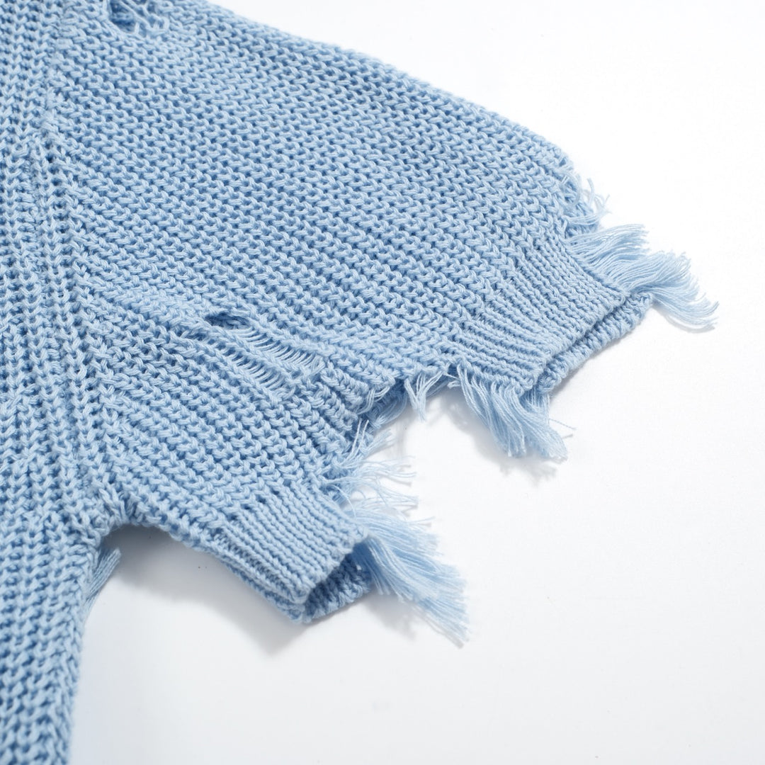 Men’s Retro Distressed Knit Shirt – Vintage Sky Blue Button-Up with Raw Edges