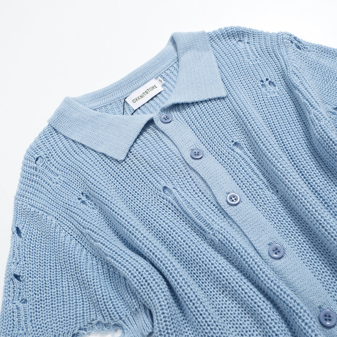 Men’s Retro Distressed Knit Shirt – Vintage Sky Blue Button-Up with Raw Edges