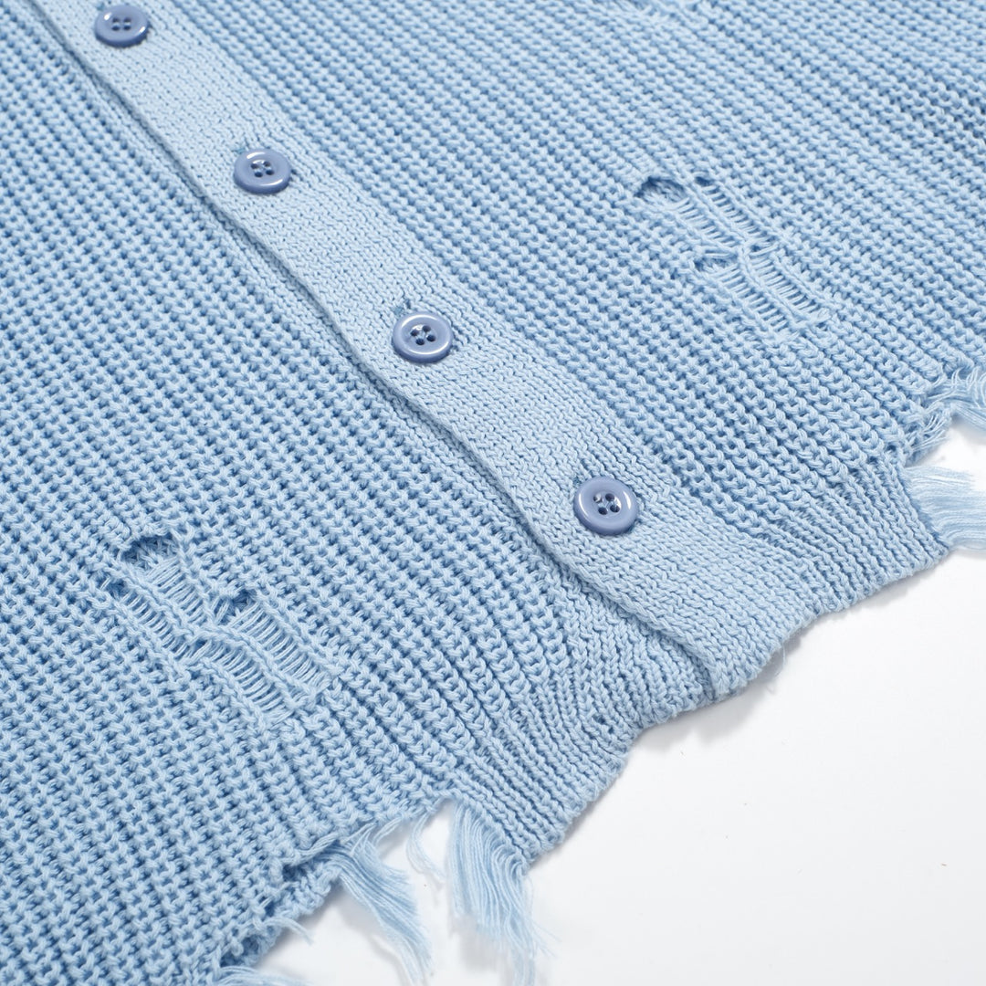 Men’s Retro Distressed Knit Shirt – Vintage Sky Blue Button-Up with Raw Edges