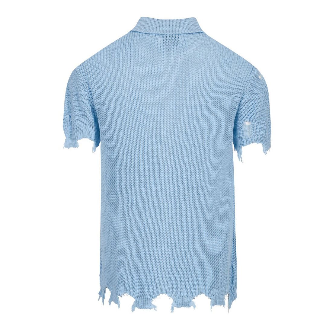 Men’s Retro Distressed Knit Shirt – Vintage Sky Blue Button-Up with Raw Edges
