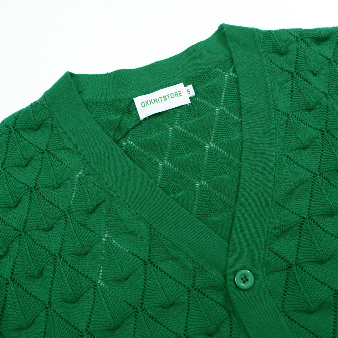 Men’s Vintage 1970s Knit Cardigan Shirt – Retro Emerald Green Openwork Short Sleeve