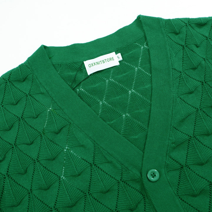 Men’s Vintage 1970s Knit Cardigan Shirt – Retro Emerald Green Openwork Short Sleeve
