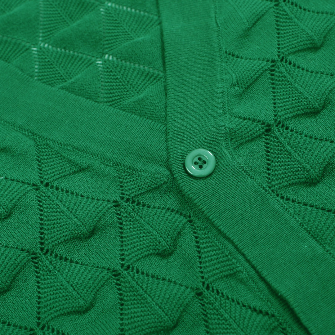 Men’s Vintage 1970s Knit Cardigan Shirt – Retro Emerald Green Openwork Short Sleeve