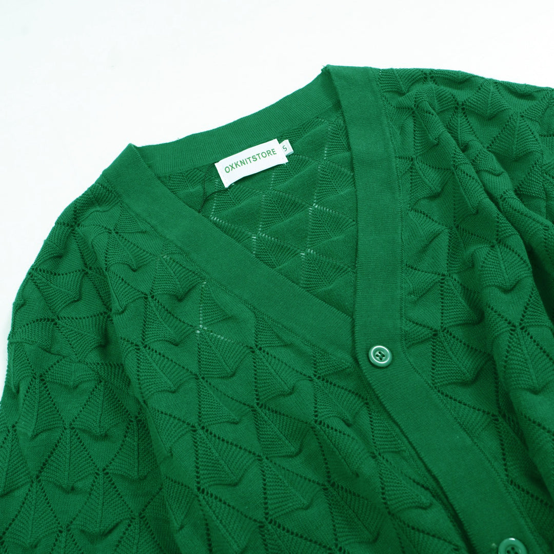 Men’s Vintage 1970s Knit Cardigan Shirt – Retro Emerald Green Openwork Short Sleeve