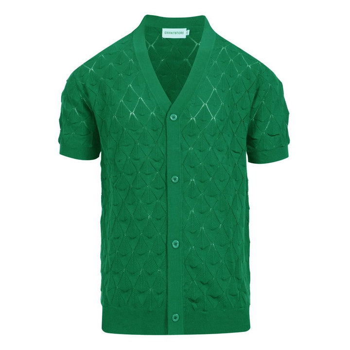 Men’s Vintage 1970s Knit Cardigan Shirt – Retro Emerald Green Openwork Short Sleeve