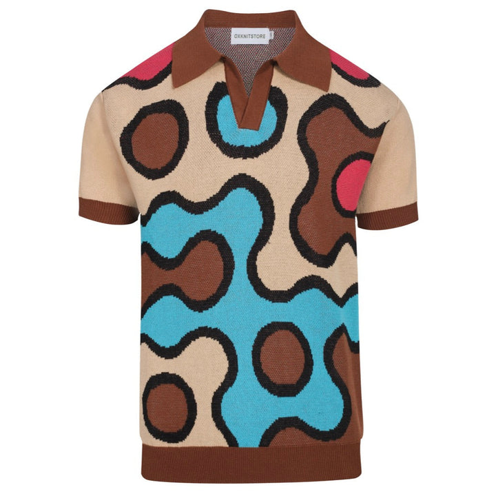 Men’s Retro 1970s Psychedelic Knit Polo Shirt – Vintage Brown with Abstract Multicolor Pattern