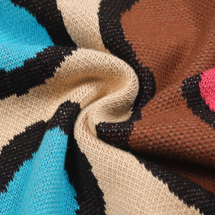 Men’s Retro 1970s Psychedelic Knit Polo Shirt – Vintage Brown with Abstract Multicolor Pattern