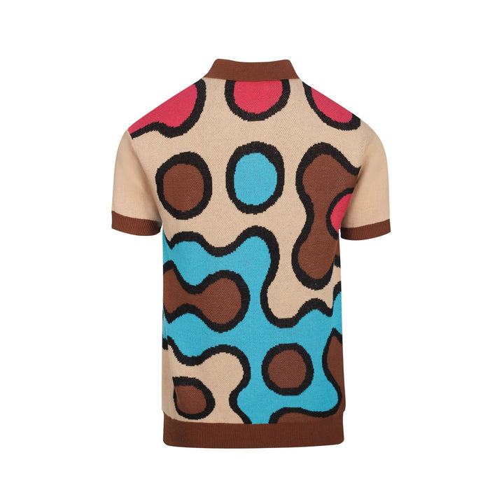 Men’s Retro 1970s Psychedelic Knit Polo Shirt – Vintage Brown with Abstract Multicolor Pattern