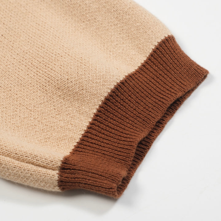 Men’s Retro 1970s Psychedelic Knit Polo Shirt – Vintage Brown with Abstract Multicolor Pattern