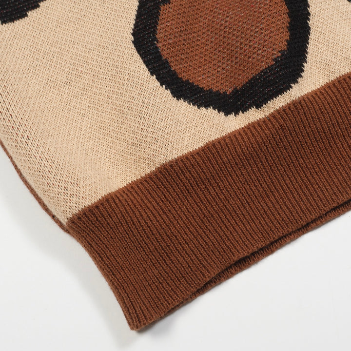 Men’s Retro 1970s Psychedelic Knit Polo Shirt – Vintage Brown with Abstract Multicolor Pattern