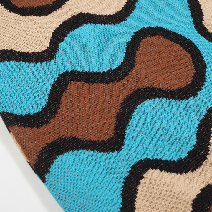 Men’s Retro 1970s Psychedelic Knit Polo Shirt – Vintage Brown with Abstract Multicolor Pattern