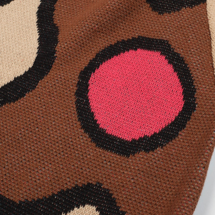 Men’s Retro 1970s Psychedelic Knit Polo Shirt – Vintage Brown with Abstract Multicolor Pattern