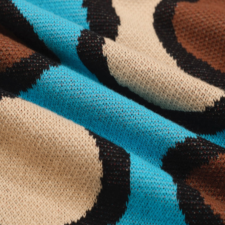 Men’s Retro 1970s Psychedelic Knit Polo Shirt – Vintage Brown with Abstract Multicolor Pattern