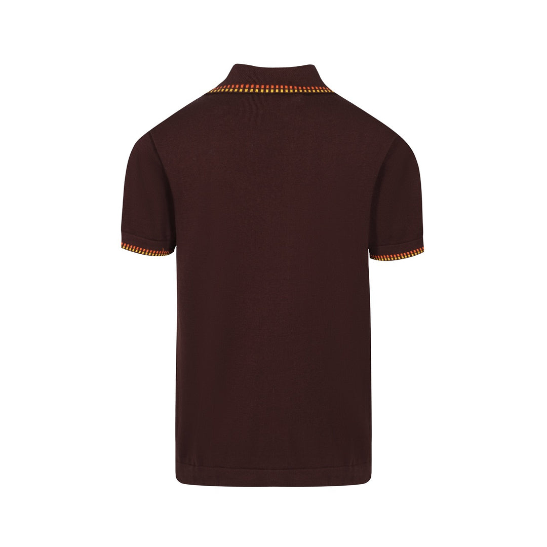 Camisa masculina de malha mod dos anos 70 – marrom com amarelo & Acabamento xadrez vermelho