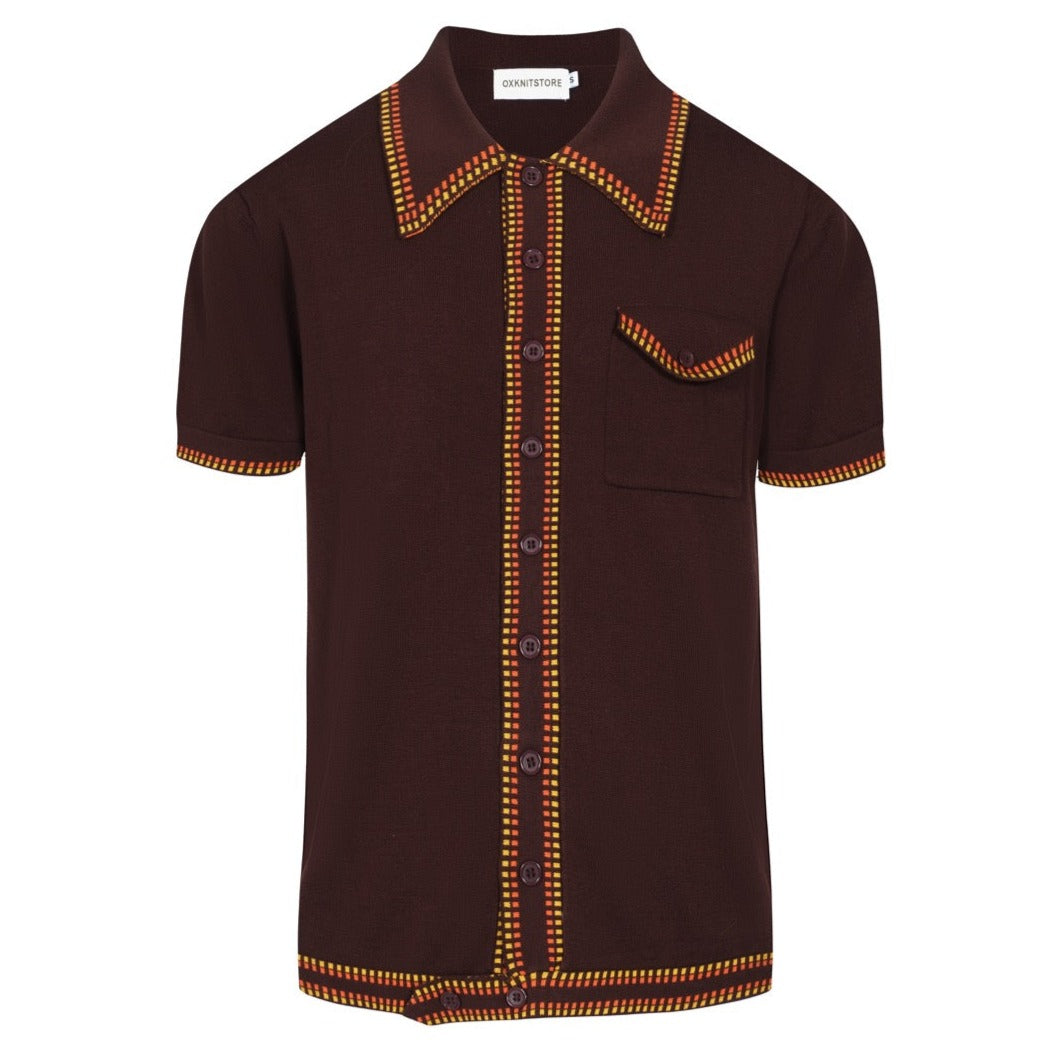 Camisa masculina de malha mod dos anos 70 – marrom com amarelo & Acabamento xadrez vermelho