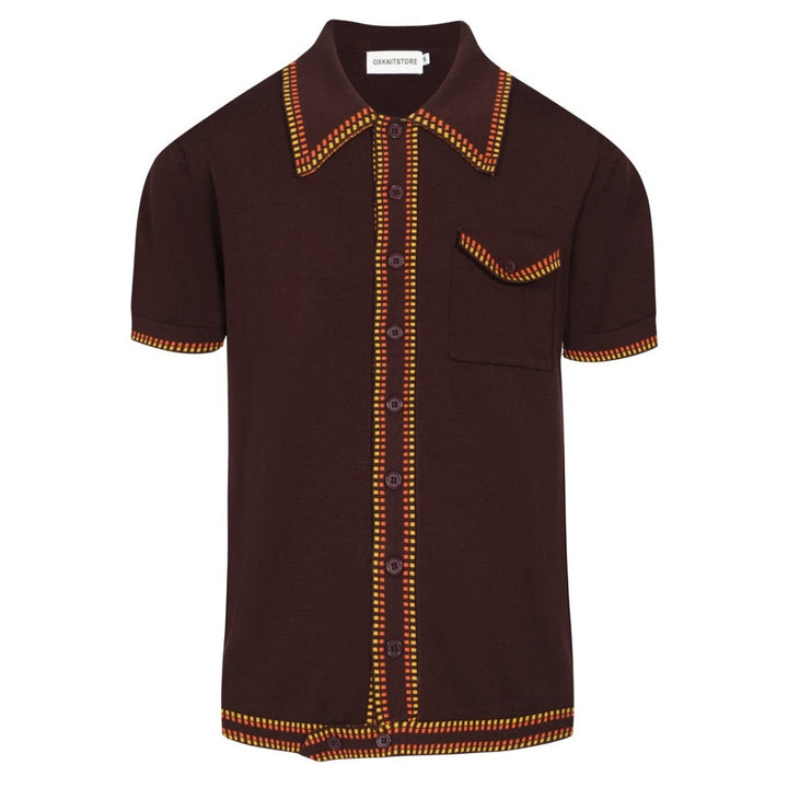 Camisa masculina de malha mod dos anos 70 – marrom com amarelo & Acabamento xadrez vermelho
