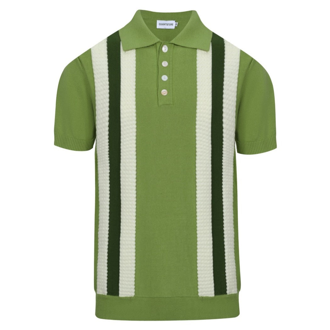 Men's 60s Green Knit Polo Shirt Vertical Striped Retro Mod Style