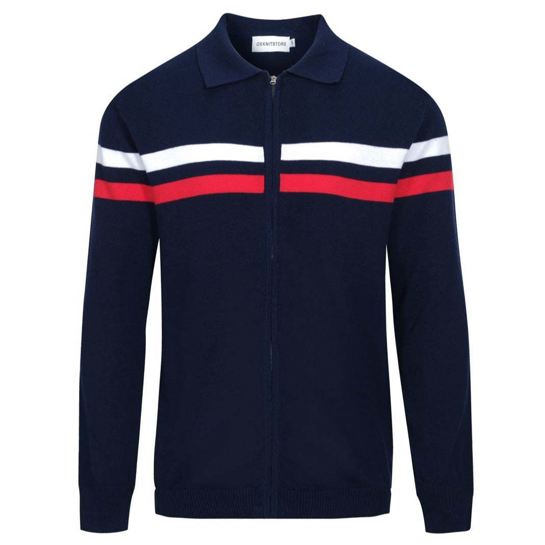 Men’s Retro 1970s Zip-Up Knit Jacket – Vintage Navy with Red & White Stripes