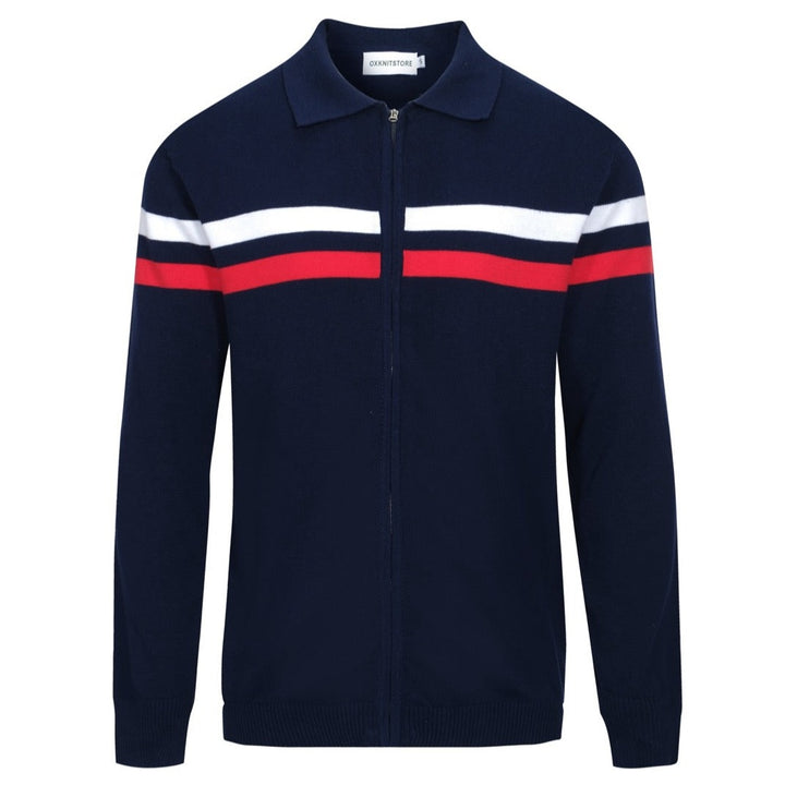 Men’s Retro 1970s Zip-Up Knit Jacket – Vintage Navy with Red & White Stripes