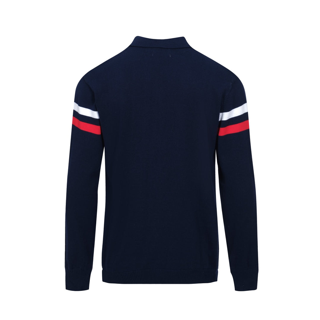 Men’s Retro 1970s Zip-Up Knit Jacket – Vintage Navy with Red & White Stripes