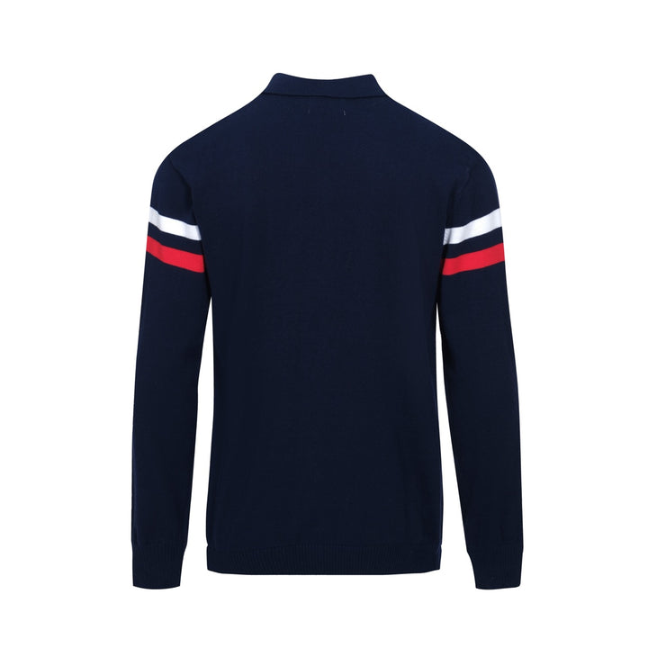 Men’s Retro 1970s Zip-Up Knit Jacket – Vintage Navy with Red & White Stripes
