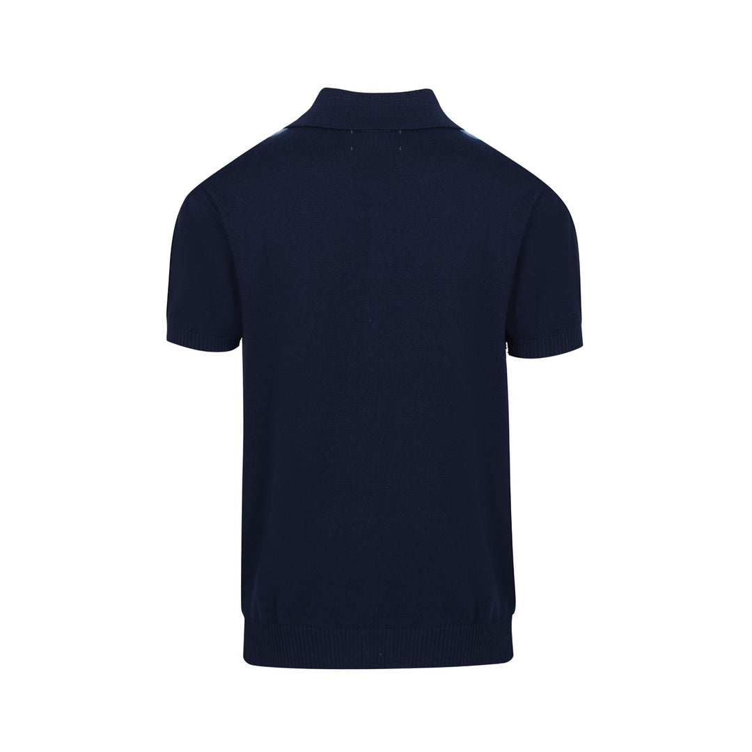 Gebreid herenoverhemd met verticale strepen uit de jaren 60 – marineblauw en hemelsblauw poloshirt met knopen