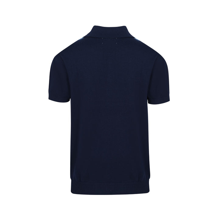 Gebreid herenoverhemd met verticale strepen uit de jaren 60 – marineblauw en hemelsblauw poloshirt met knopen