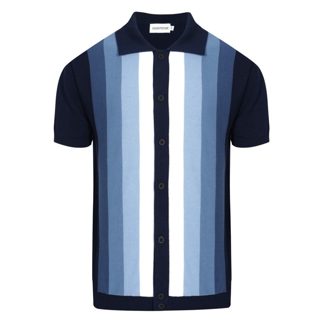 Gebreid herenoverhemd met verticale strepen uit de jaren 60 – marineblauw en hemelsblauw poloshirt met knopen