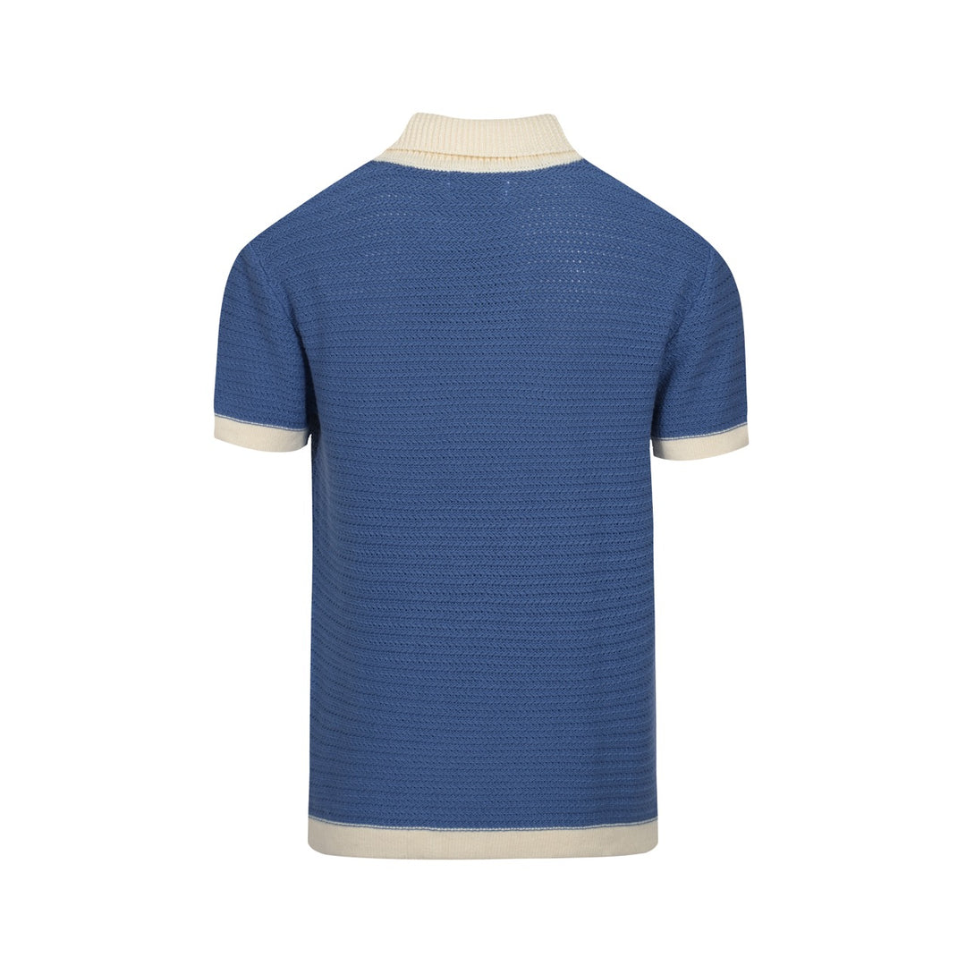 Gebreid herenpoloshirt uit de jaren 70 – brede kraag, retro korte mouw in marineblauw