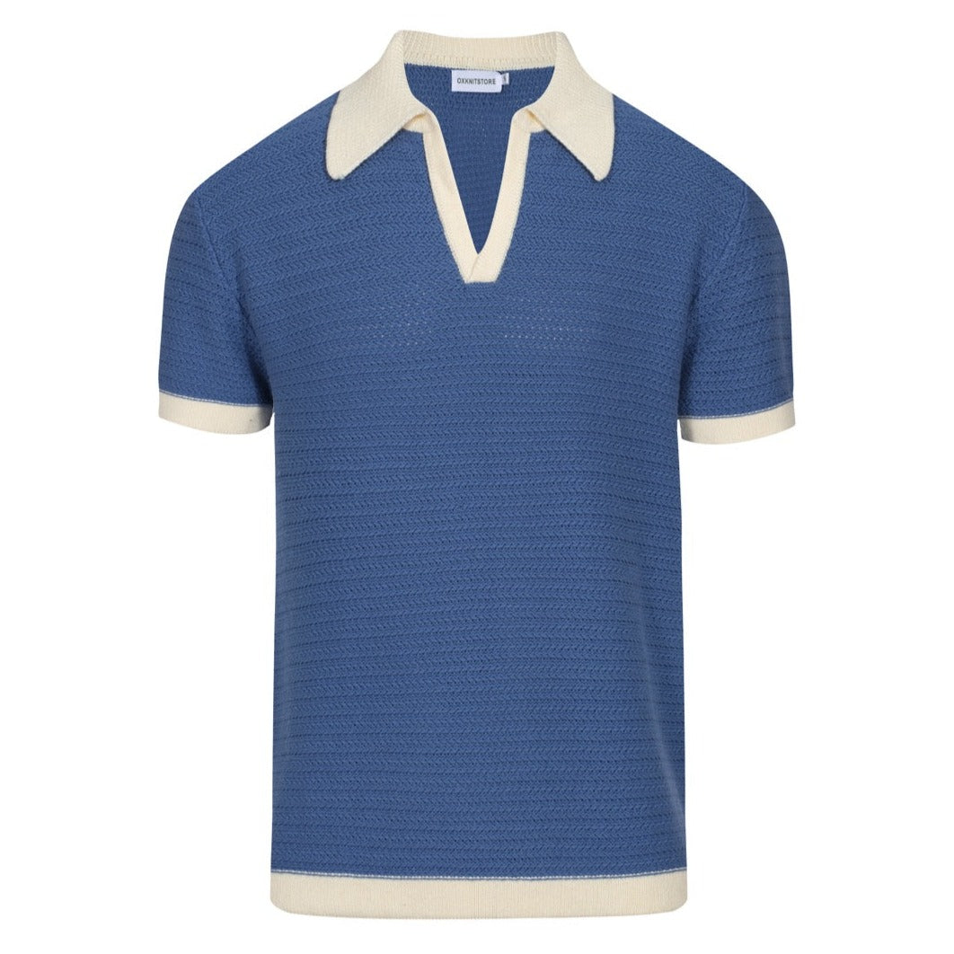 Gebreid herenpoloshirt uit de jaren 70 – brede kraag, retro korte mouw in marineblauw