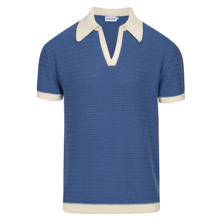 Gebreid herenpoloshirt uit de jaren 70 – brede kraag, retro korte mouw in marineblauw