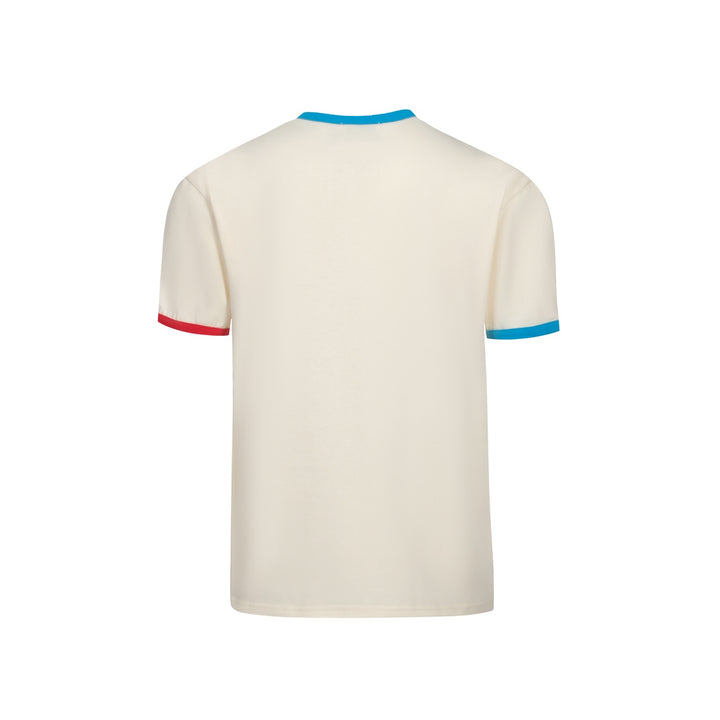 Camiseta masculina de malha com listras azuis creme dos anos 70 – estilo esportivo retrô
