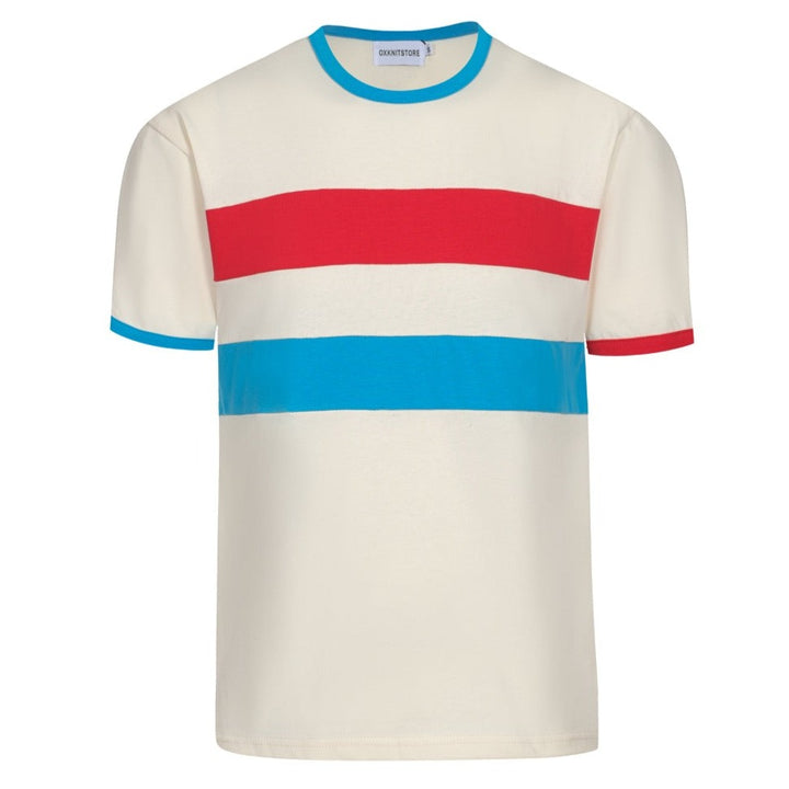 Camiseta masculina de malha com listras azuis creme dos anos 70 – estilo esportivo retrô