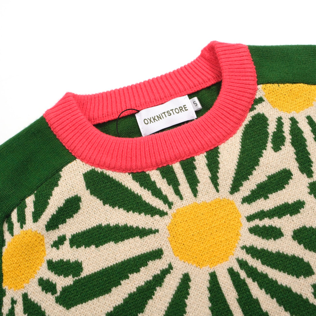 Suéter feminino retrô Daisy – malha floral ousada com mangas contrastantes