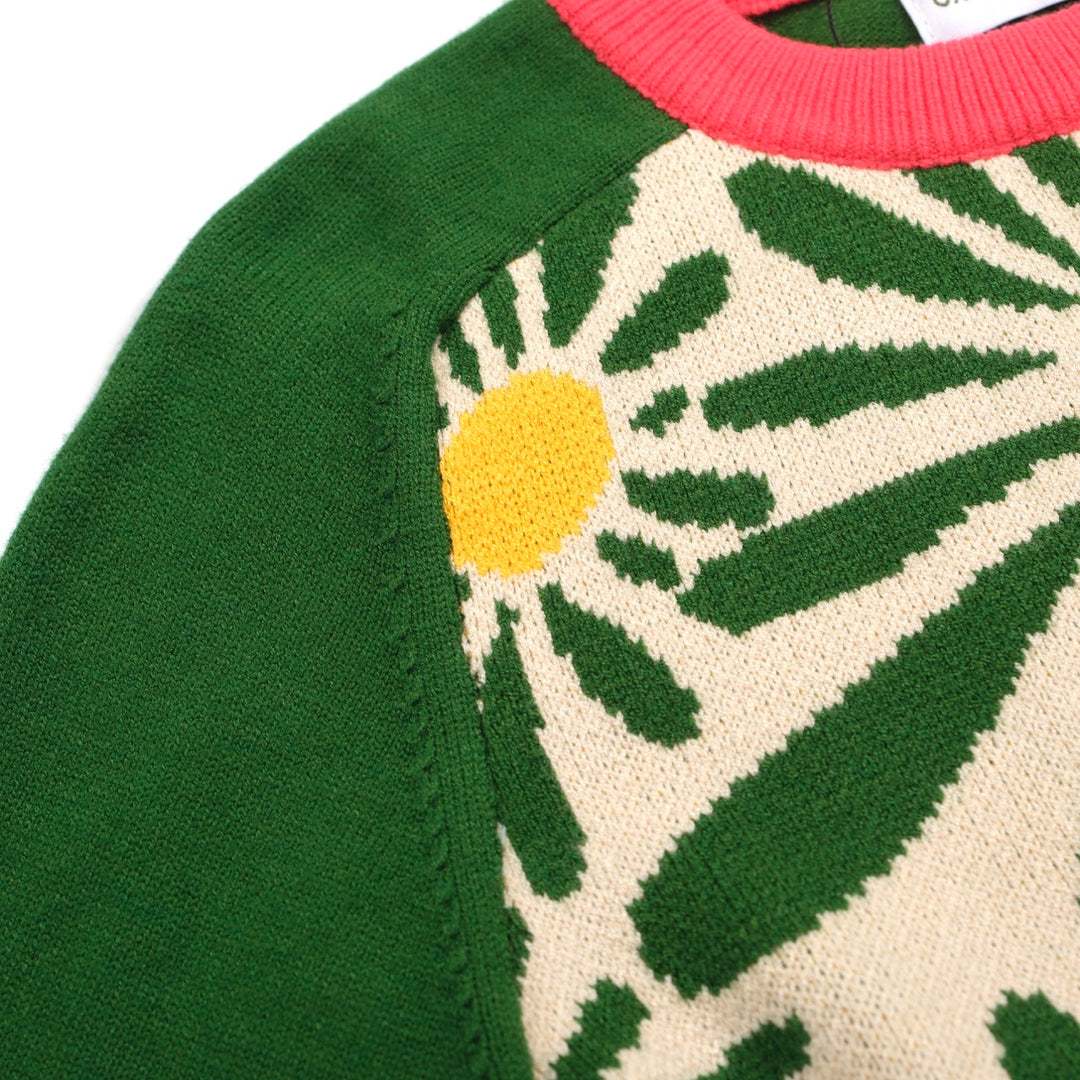 Suéter feminino retrô Daisy – malha floral ousada com mangas contrastantes